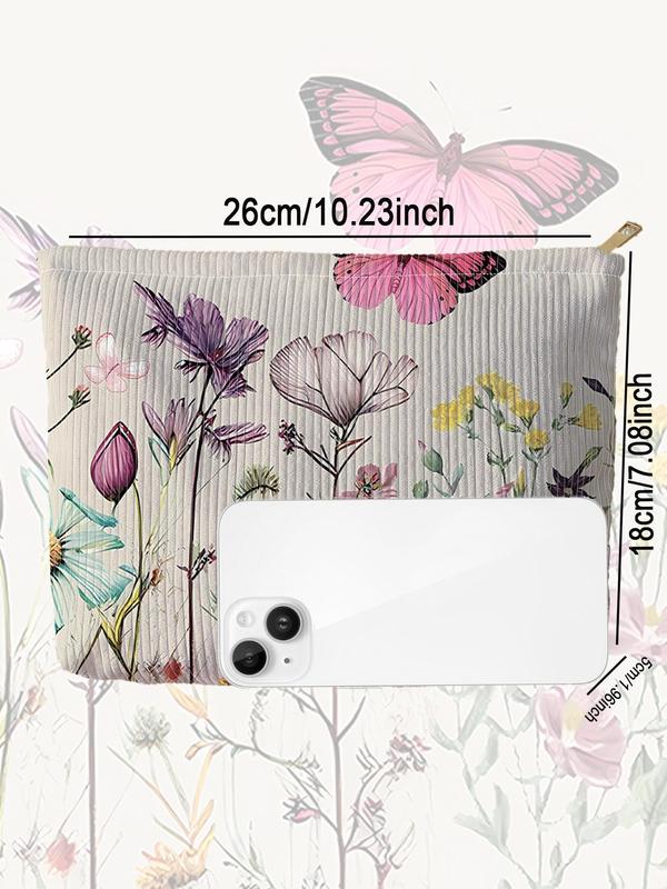 Cute Flower Pattern Makeup Bag, Lightweight Multifunctional Cosmetic Storage Bag, Casual Versatile Zipper Corduroy Makeup Bag for Travel & Daily Use