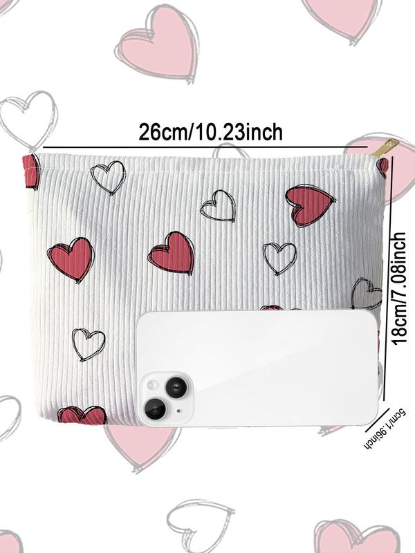 Cute Heart Pattern Makeup Bag, Multifunctional Large Capacity Cosmetic Storage Bag, Casual Versatile Zipper Corduroy Makeup Bag for Travel & Daily Use