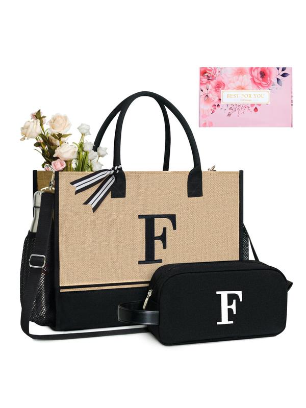 Letter Pattern Canvas Handbag & Pouch Set, Casual Versatile Zipper Shoulder Bag Set for Women, Trendy All-match Bag Set for Daily Use