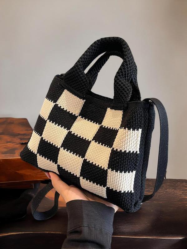 2024 Summer Colorblock Checked Pattern Crochet Handbag, Casual Knitting Shoulder Bag for Women for Daily Worked, New All-match Designer Crossbody Bag, Fall Outfits, Fall Freshness