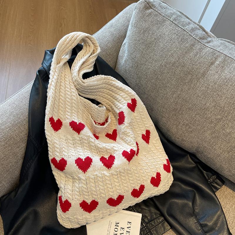 Fashion Heart Pattern Crochet Minimalist Tote Bag, Casual Large Capacity Shoulder Bag for Women, Female Trendy School Bag for Daily Wear, Office, College, Work, Commute,  Gift for her