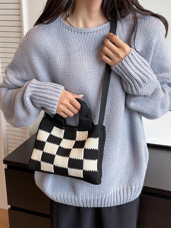 2024 Summer Colorblock Checked Pattern Crochet Handbag, Casual Knitting Shoulder Bag for Women for Daily Worked, New All-match Designer Crossbody Bag, Fall Outfits, Fall Freshness