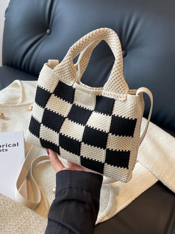 2024 Summer Colorblock Checked Pattern Crochet Handbag, Casual Knitting Shoulder Bag for Women for Daily Worked, New All-match Designer Crossbody Bag, Fall Outfits, Fall Freshness