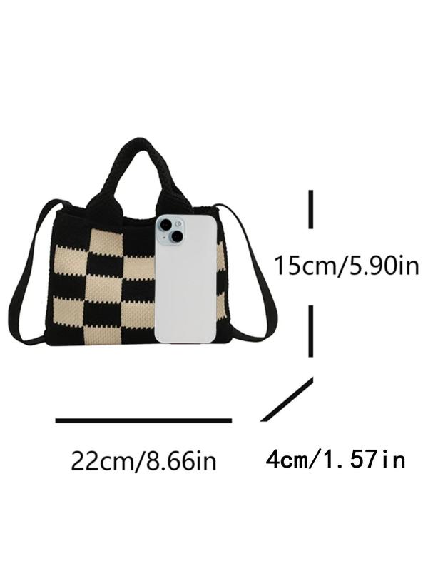 2024 Summer Colorblock Checked Pattern Crochet Handbag, Casual Knitting Shoulder Bag for Women for Daily Worked, New All-match Designer Crossbody Bag, Fall Outfits, Fall Freshness