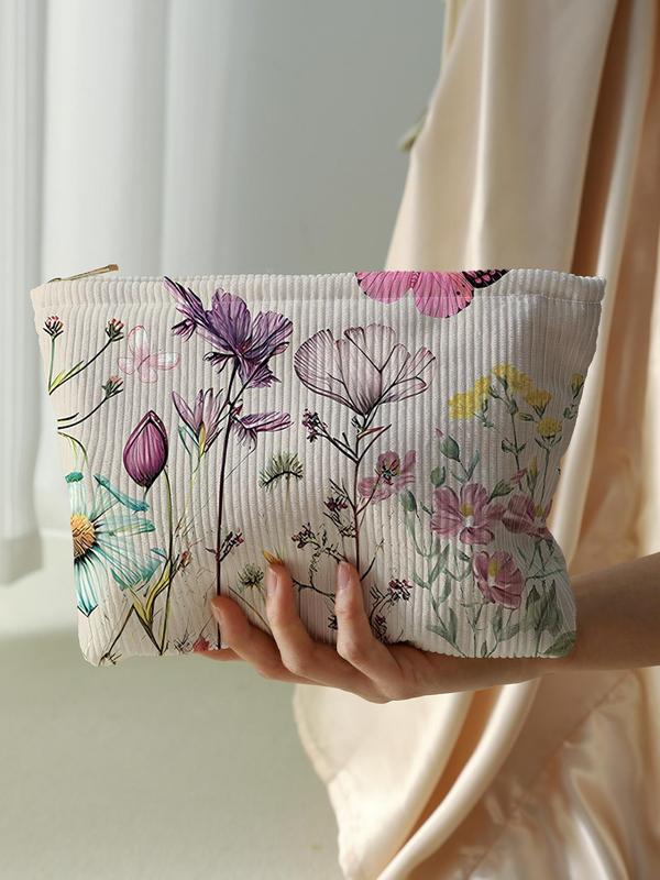 Cute Flower Pattern Makeup Bag, Lightweight Multifunctional Cosmetic Storage Bag, Casual Versatile Zipper Corduroy Makeup Bag for Travel & Daily Use