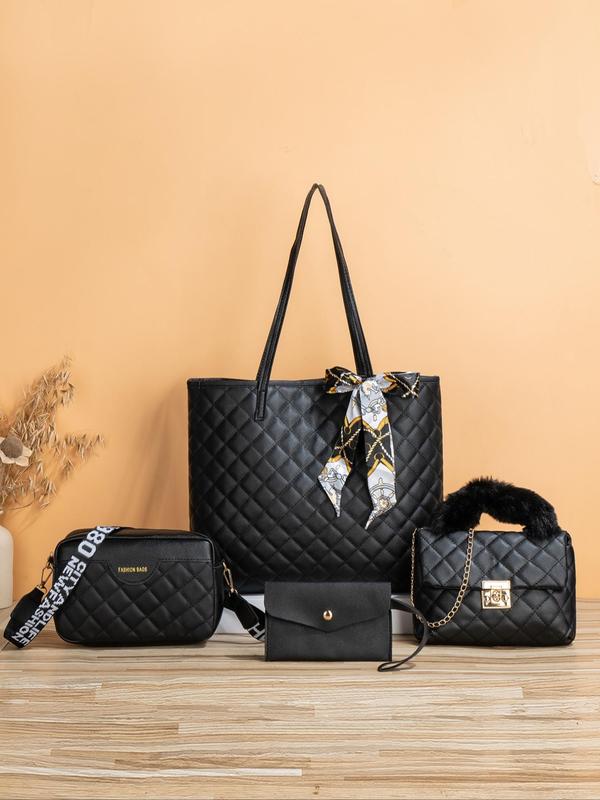 Women's Rhombus Quilted Pattern Tote Bag, Scarf Bow Decoration Casual Shoulder Wide Strap Crossbody Bag, Luxury Bag Set, Cute Plush Purse Clutch Chain Small Square Bag, Summer Set,  Fall Outfits 2024, Fall Freshness Unique Everyday Designer Bags