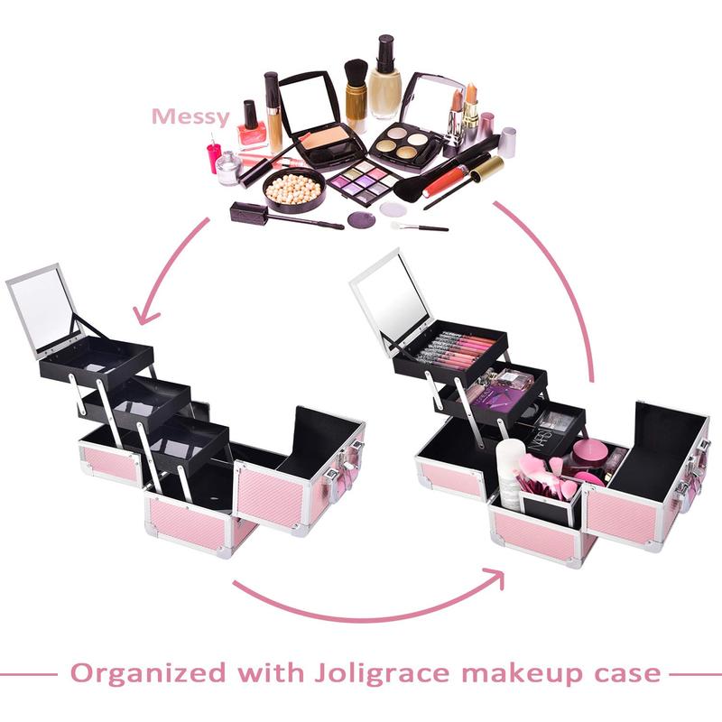 Joligrace Large Makeup Box 3 Tray Cosmetic Train Case Lockable with Keys, Mirror and Brush Holder Travel Cosmetic Display Case