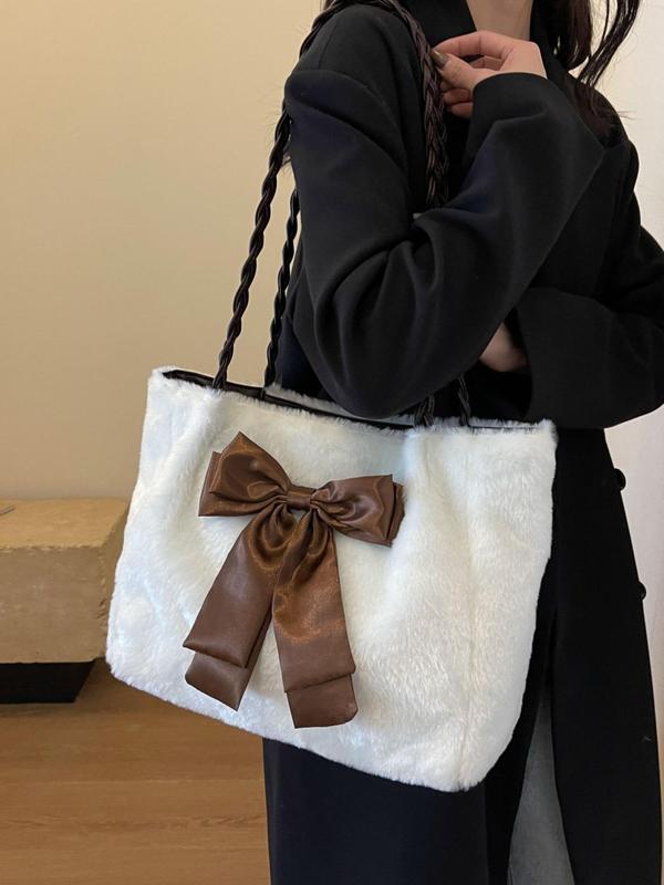 Women's Cute Bowknot Design Plush Tote Bag, Large Capacity Shoulder Bag for Daily Used, Braided Hangle Handbag, Casual Trendy Versatile High-quality Daily Commuting Bag