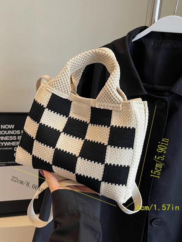 2024 Summer Colorblock Checked Pattern Crochet Handbag, Casual Knitting Shoulder Bag for Women for Daily Worked, New All-match Designer Crossbody Bag, Fall Outfits, Fall Freshness