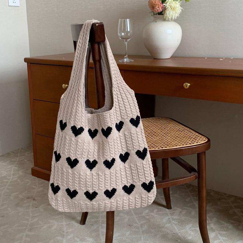 Fashion Heart Pattern Crochet Minimalist Tote Bag, Casual Large Capacity Shoulder Bag for Women, Female Trendy School Bag for Daily Wear, Office, College, Work, Commute,  Gift for her