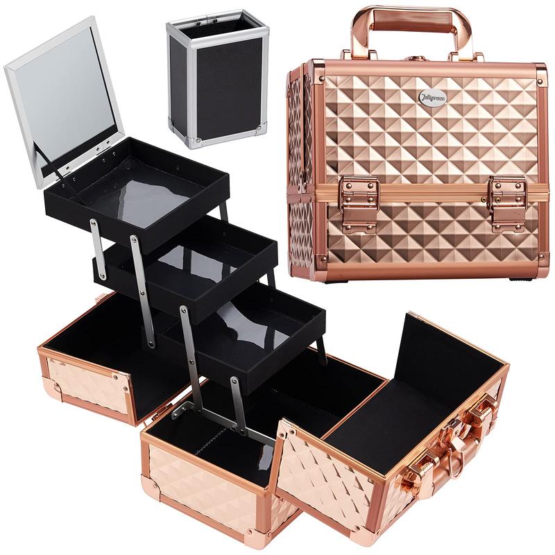 Joligrace Large Makeup Box 3 Tray Cosmetic Train Case Lockable with Keys, Mirror and Brush Holder Travel Cosmetic Display Case