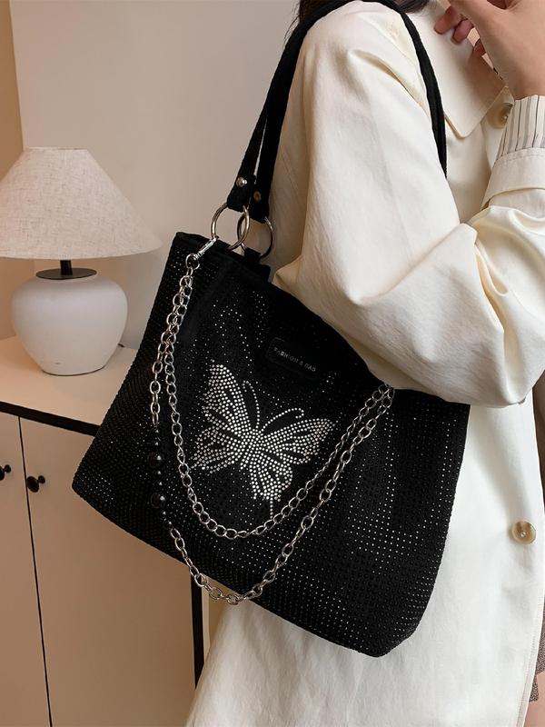 Women's Elegant Rhinestone Decor Butterfly Design Tote Bag, Fashion Chain Strap Shoulder Bag for Work & Daily, Casual Trendy Versatile High-quality Daily Bag