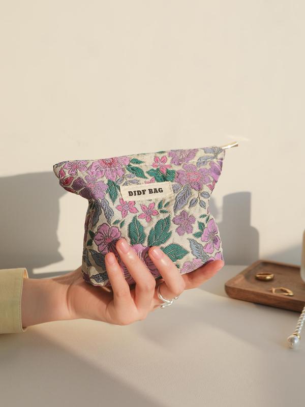 Floral Pattern Makeup Bag, Portable Zipper Cosmetic Storage Bag, Zipper Makeup Organizer Pouch, Versatile Storage Bag for Skincare, Lotion, Cream, Lip Balm, Eyeliners, Makeup Brushes, Stationery