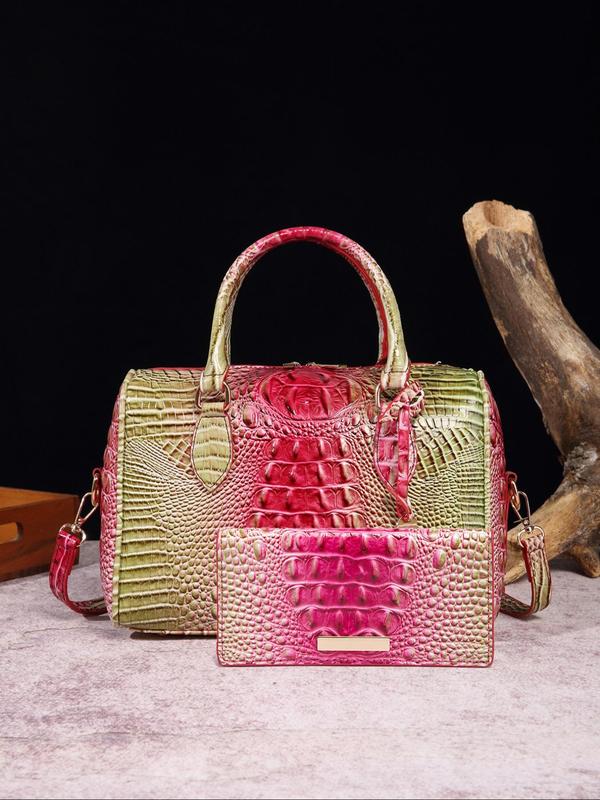 Fashionable Crocodile Embossed Ombre Color Designer Handbag & Long Wallet Set, Luxury Designer Handbags, Casual Trendy Versatile High-quality Daily Work Bag, Girl Fashionable Shopping Bag, Everyday Bag