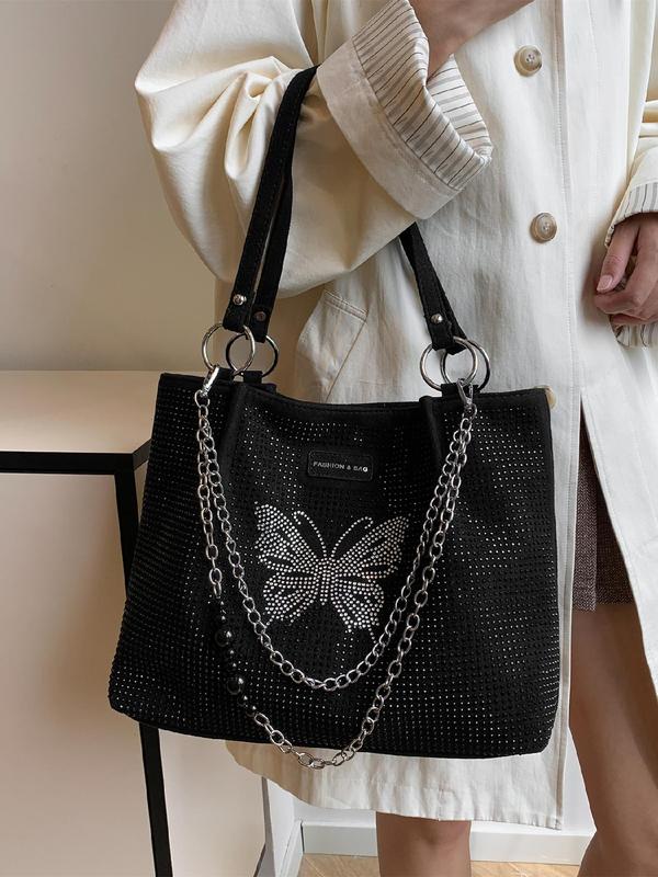 Women's Elegant Rhinestone Decor Butterfly Design Tote Bag, Fashion Chain Strap Shoulder Bag for Work & Daily, Casual Trendy Versatile High-quality Daily Bag