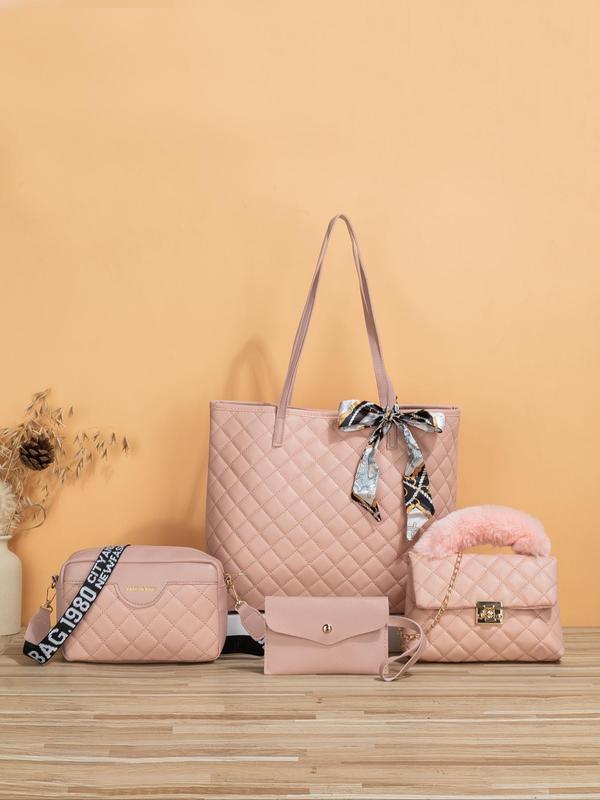 Women's Rhombus Quilted Pattern Tote Bag, Scarf Bow Decoration Casual Shoulder Wide Strap Crossbody Bag, Luxury Bag Set, Cute Plush Purse Clutch Chain Small Square Bag, Summer Set,  Fall Outfits 2024, Fall Freshness Unique Everyday Designer Bags