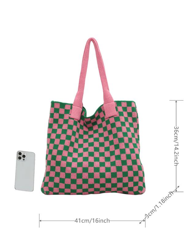 Simple Style Checkerboard Tote Bags for Women, Casual Trendy Large Capacity Shoulder Bag for Work & School, Fashionable Shopping Bag for Summer 2024 Daily Use, Fall Outfits, Fall Freshness Fall