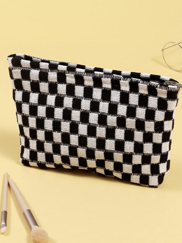 Casual Matching Checked Pattern Makeup Bag, 2024 New Stylish Large Capacity Cosmetic Storage Bag, Portable Travel Wash Bag