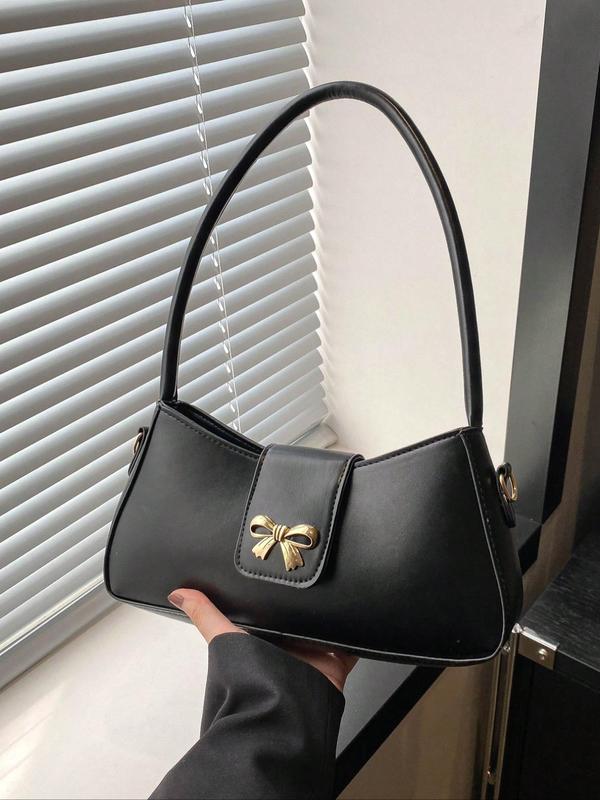 Women's Bow Decorated Shoulder Bag, Fashionable Solid Underarm Bag for Daily Used, Casual Trendy Versatile High-quality Daily Commuting Bag