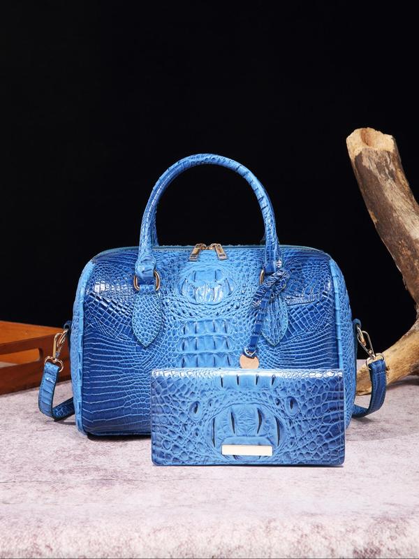 Fashionable Crocodile Embossed Ombre Color Designer Handbag & Long Wallet Set, Luxury Designer Handbags, Casual Trendy Versatile High-quality Daily Work Bag, Girl Fashionable Shopping Bag, Everyday Bag