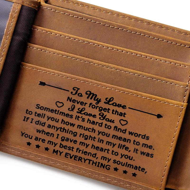 Engraved Mens Wallet Personalized Leather Wallet for Men Husband Dad Son Boyfriend Love Custom Gifts (Tri-fold wallet to my love)