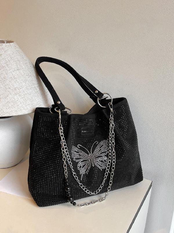 Women's Elegant Rhinestone Decor Butterfly Design Tote Bag, Fashion Chain Strap Shoulder Bag for Work & Daily, Casual Trendy Versatile High-quality Daily Bag