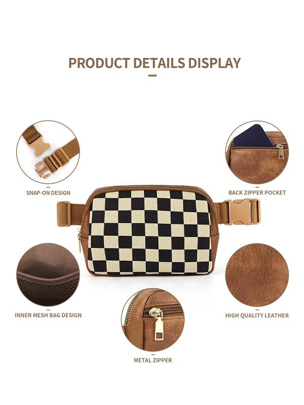 Checkerboard Pattern Fanny Pack, Fashionable PU Leather Zipper Belt Bag for Women, Casual Trendy Versatile High-quality Daily Commuting Bag