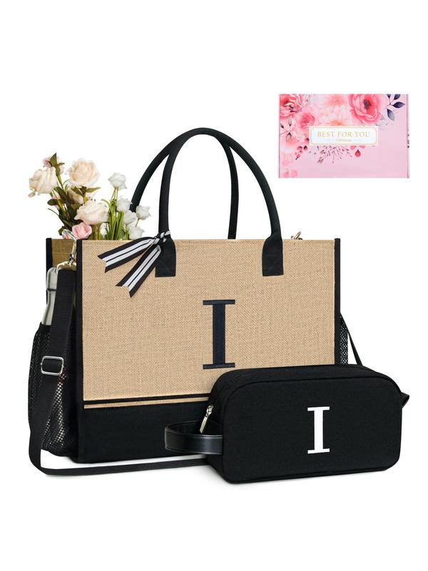 Letter Pattern Canvas Handbag & Pouch Set, Casual Versatile Zipper Shoulder Bag Set for Women, Trendy All-match Bag Set for Daily Use