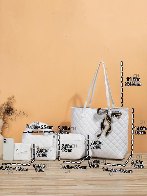 Women's Rhombus Quilted Pattern Tote Bag, Scarf Bow Decoration Casual Shoulder Wide Strap Crossbody Bag, Luxury Bag Set, Cute Plush Purse Clutch Chain Small Square Bag, Summer Set,  Fall Outfits 2024, Fall Freshness Unique Everyday Designer Bags