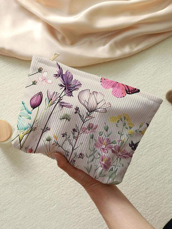 Cute Flower Pattern Makeup Bag, Lightweight Multifunctional Cosmetic Storage Bag, Casual Versatile Zipper Corduroy Makeup Bag for Travel & Daily Use