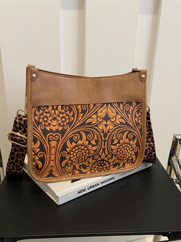 Women's Fashion Leopard & Floral & Cow Pattern Shoulder Bag, Casual PU Leather Crossbody Bag for Daily Life, Trendy Versatile Vintage Commuting Bag