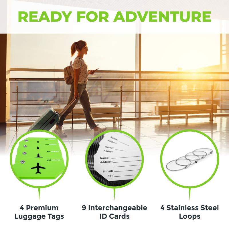Untethered 4-Pack Luggage Tag Set | Luggage Tags, Luggage Tags for Suitcases, Bag Tag, Luggage Tags 4 Pack, Suitcase Tags, Identifiers Travel Bag Tags for Luggage, Name Travel Tags for Luggage (Green)