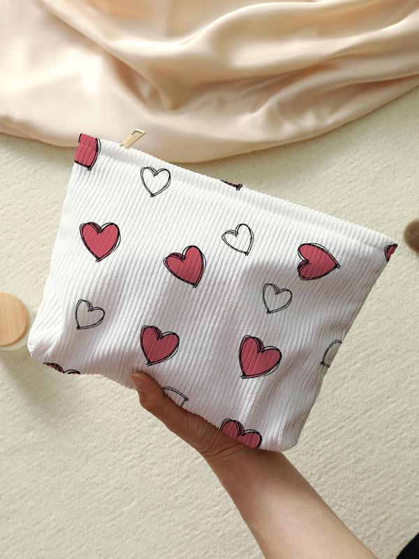 Cute Heart Pattern Makeup Bag, Multifunctional Large Capacity Cosmetic Storage Bag, Casual Versatile Zipper Corduroy Makeup Bag for Travel & Daily Use