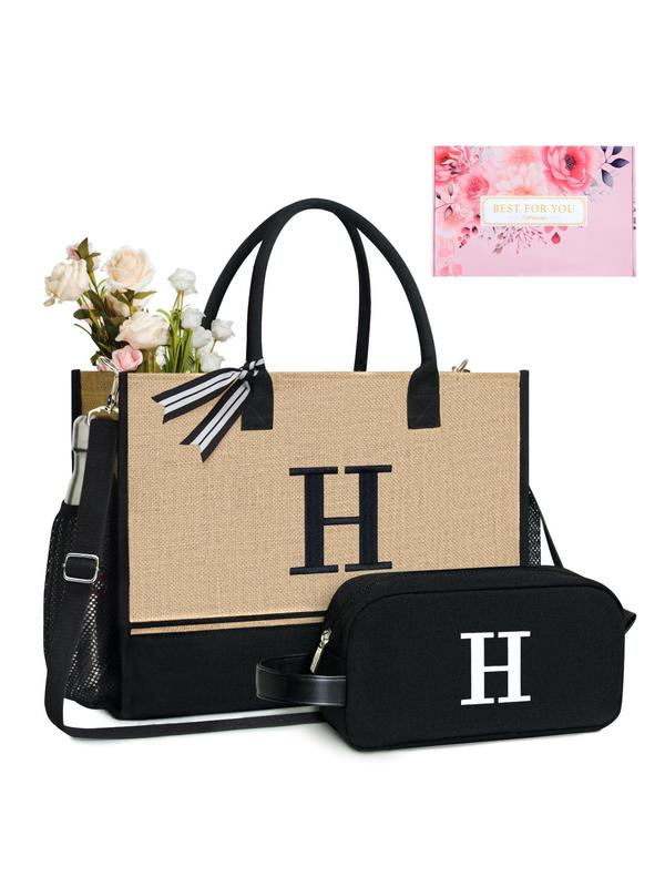 Letter Pattern Canvas Handbag & Pouch Set, Casual Versatile Zipper Shoulder Bag Set for Women, Trendy All-match Bag Set for Daily Use