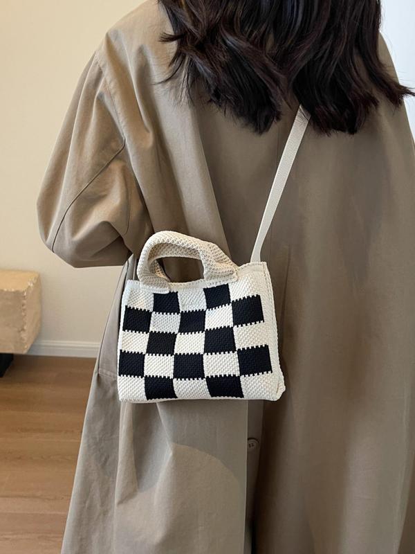 2024 Summer Colorblock Checked Pattern Crochet Handbag, Casual Knitting Shoulder Bag for Women for Daily Worked, New All-match Designer Crossbody Bag, Fall Outfits, Fall Freshness