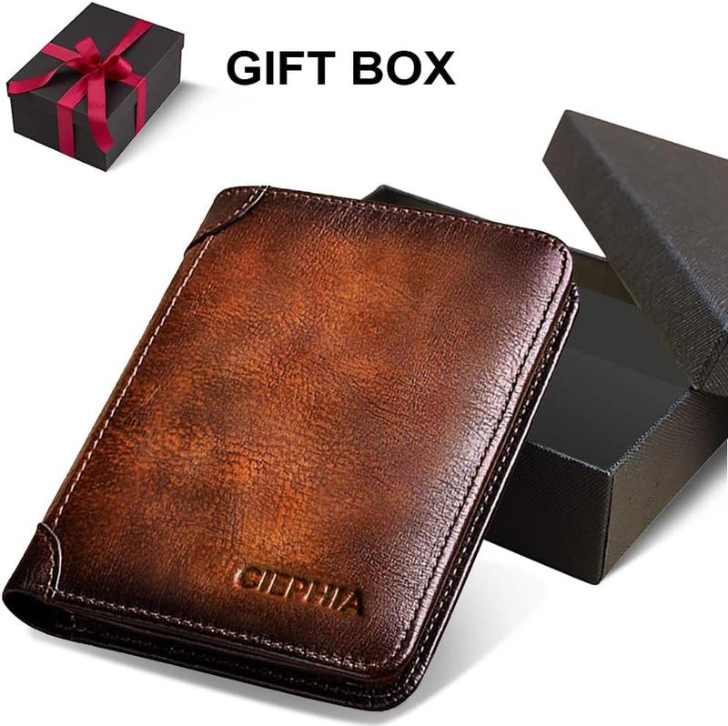 RFID Blocking Trifold Genuine Leather Wallets for Men, Vintage Short Multi Function Credit Card Holder,Money Clips with 2 ID Windows Give Gifts to Men (Brown)