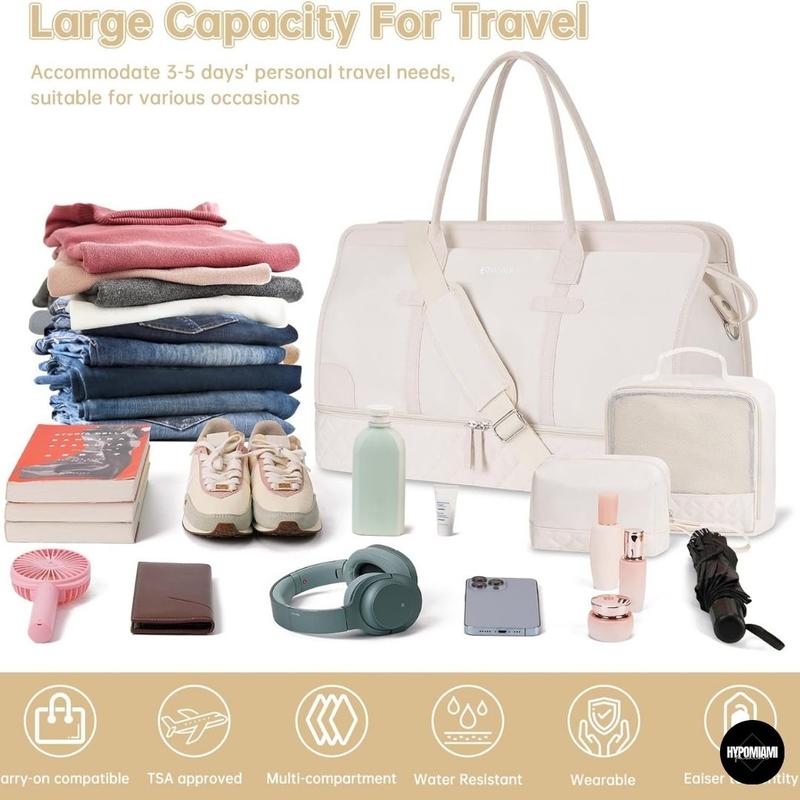 Weekender Overnight Bags for Women, Large Travel Duffle Bags with Shoe Compartment & Wet Pocket, Carry On Tote Bag Gym Duffel Bag with Toiletry Bags for Hospital 3 Pcs Set, Large Size, Beige