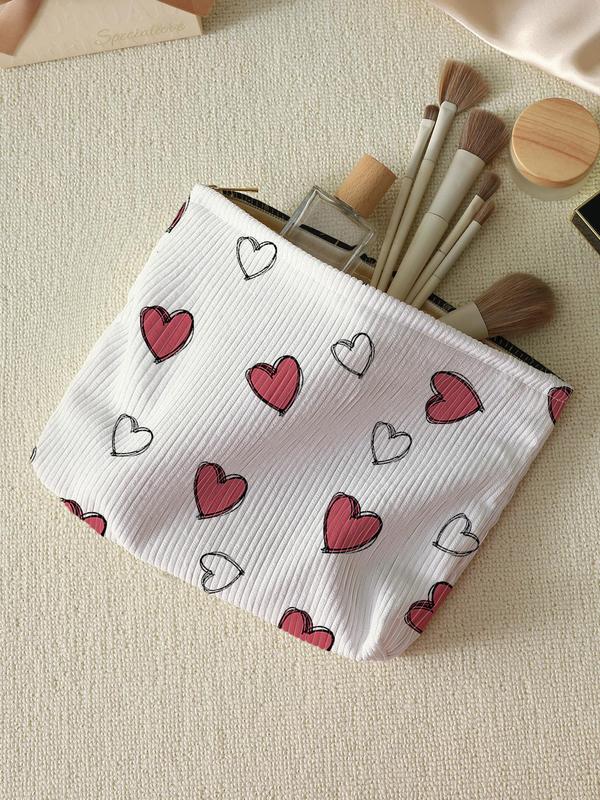 Cute Heart Pattern Makeup Bag, Multifunctional Large Capacity Cosmetic Storage Bag, Casual Versatile Zipper Corduroy Makeup Bag for Travel & Daily Use