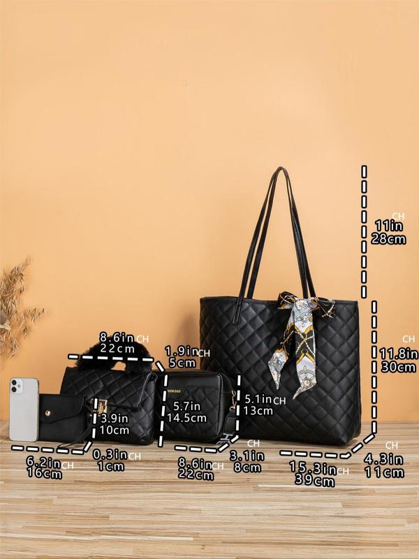 Women's Rhombus Quilted Pattern Tote Bag, Scarf Bow Decoration Casual Shoulder Wide Strap Crossbody Bag, Luxury Bag Set, Cute Plush Purse Clutch Chain Small Square Bag, Summer Set,  Fall Outfits 2024, Fall Freshness Unique Everyday Designer Bags