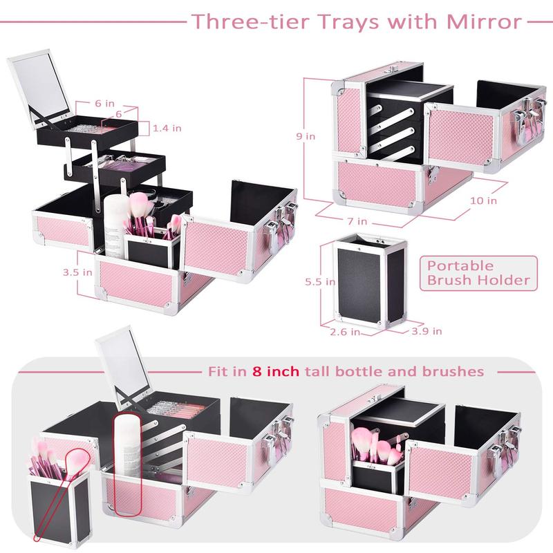 Joligrace Large Makeup Box 3 Tray Cosmetic Train Case Lockable with Keys, Mirror and Brush Holder Travel Cosmetic Display Case