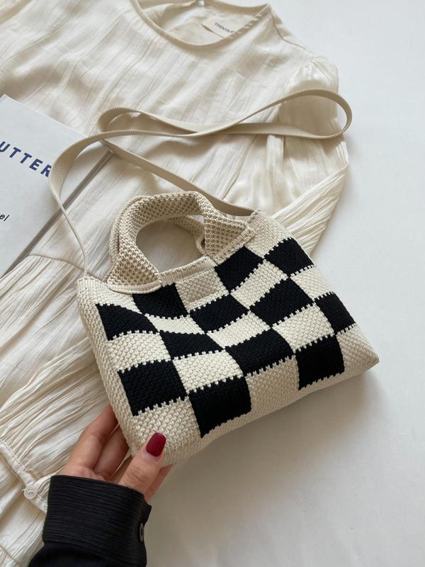 2024 Summer Colorblock Checked Pattern Crochet Handbag, Casual Knitting Shoulder Bag for Women for Daily Worked, New All-match Designer Crossbody Bag, Fall Outfits, Fall Freshness