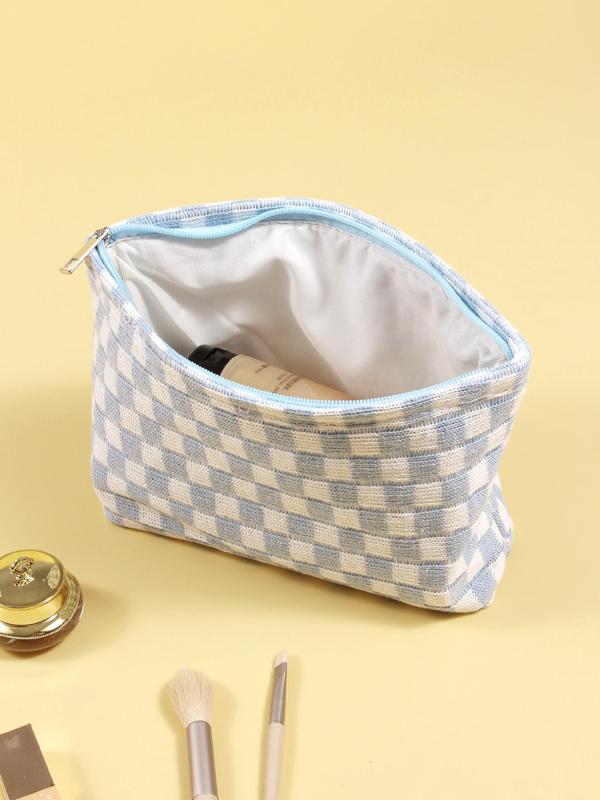 Casual Matching Checked Pattern Makeup Bag, 2024 New Stylish Large Capacity Cosmetic Storage Bag, Portable Travel Wash Bag