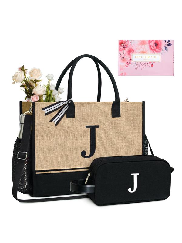 Letter Pattern Canvas Handbag & Pouch Set, Casual Versatile Zipper Shoulder Bag Set for Women, Trendy All-match Bag Set for Daily Use