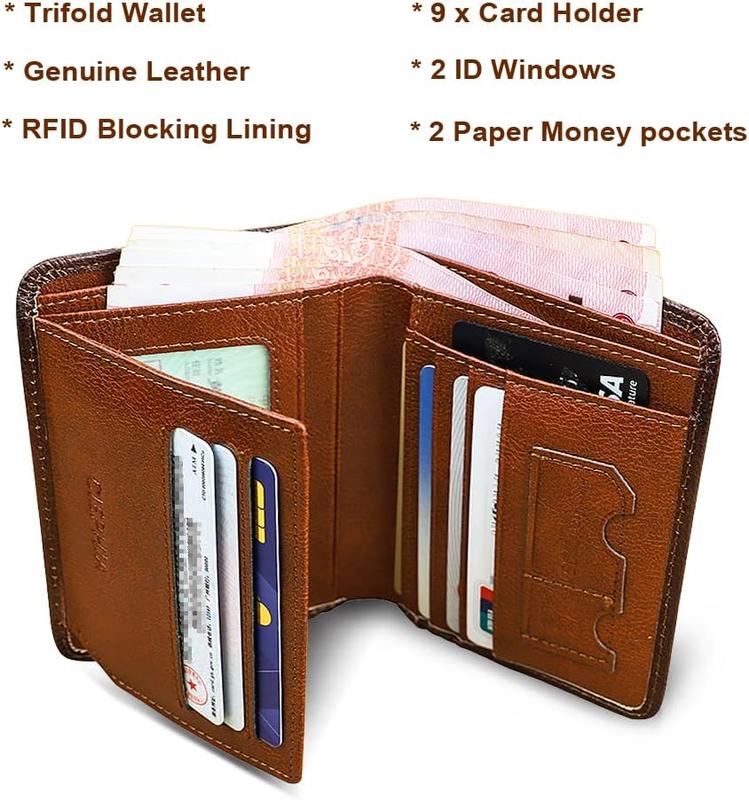 RFID Blocking Trifold Genuine Leather Wallets for Men, Vintage Short Multi Function Credit Card Holder,Money Clips with 2 ID Windows Give Gifts to Men (Brown)