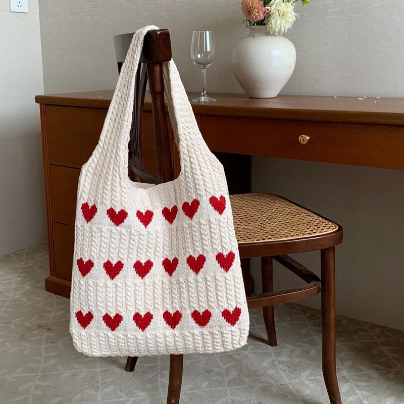 Fashion Heart Pattern Crochet Minimalist Tote Bag, Casual Large Capacity Shoulder Bag for Women, Female Trendy School Bag for Daily Wear, Office, College, Work, Commute,  Gift for her