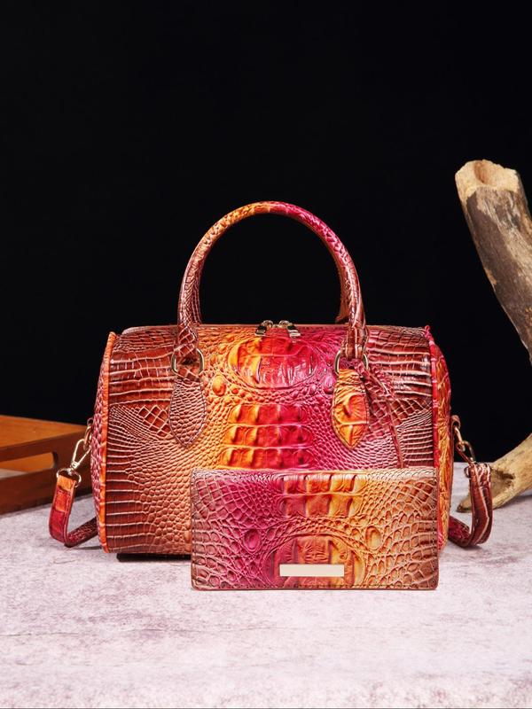 Fashionable Crocodile Embossed Ombre Color Designer Handbag & Long Wallet Set, Luxury Designer Handbags, Casual Trendy Versatile High-quality Daily Work Bag, Girl Fashionable Shopping Bag, Everyday Bag