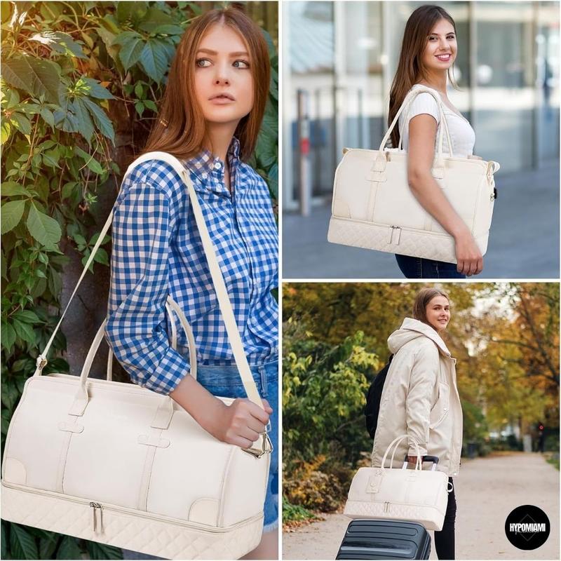 Weekender Overnight Bags for Women, Large Travel Duffle Bags with Shoe Compartment & Wet Pocket, Carry On Tote Bag Gym Duffel Bag with Toiletry Bags for Hospital 3 Pcs Set, Large Size, Beige