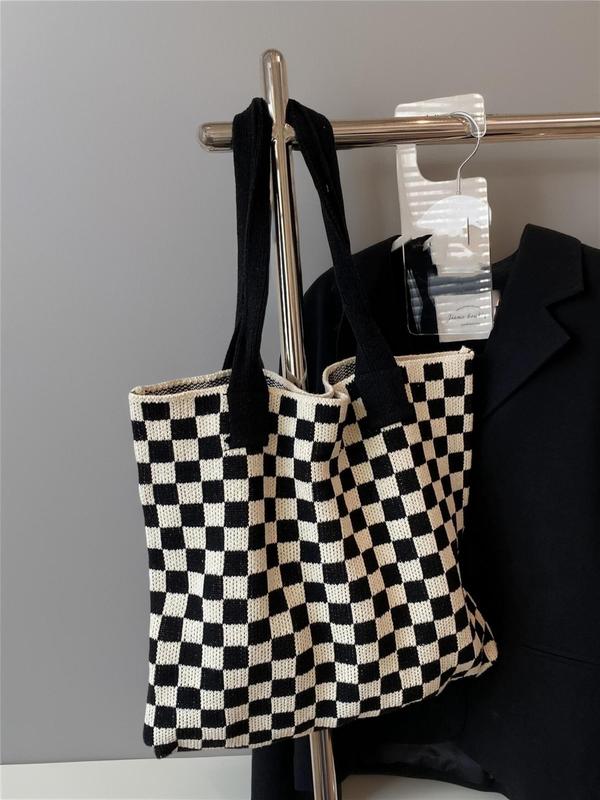 Simple Style Checkerboard Tote Bags for Women, Casual Trendy Large Capacity Shoulder Bag for Work & School, Fashionable Shopping Bag for Summer 2024 Daily Use, Fall Outfits, Fall Freshness Fall