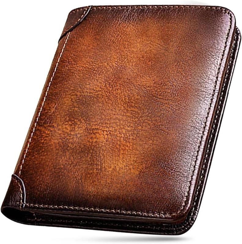 RFID Blocking Trifold Genuine Leather Wallets for Men, Vintage Short Multi Function Credit Card Holder,Money Clips with 2 ID Windows Give Gifts to Men (Brown)