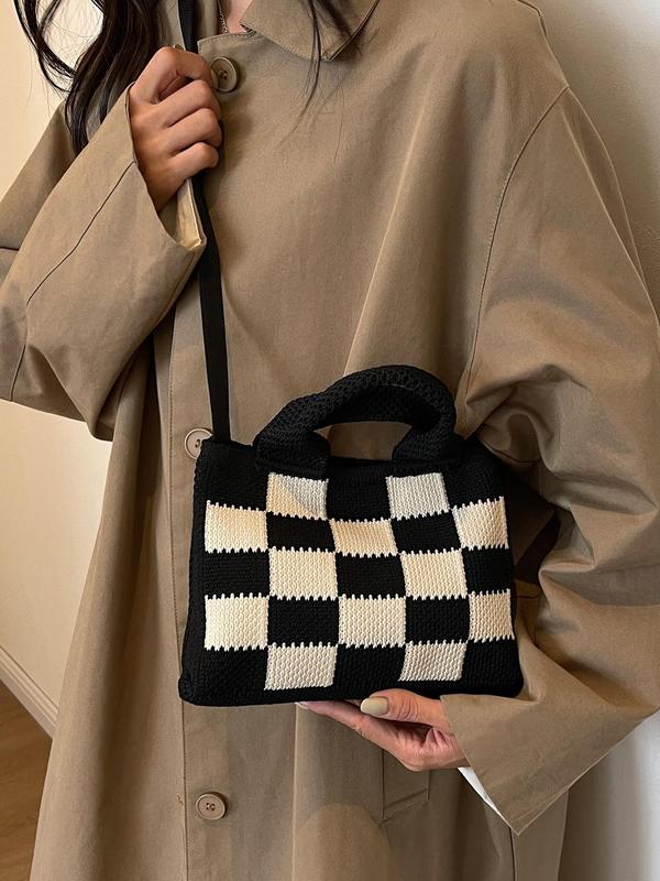 2024 Summer Colorblock Checked Pattern Crochet Handbag, Casual Knitting Shoulder Bag for Women for Daily Worked, New All-match Designer Crossbody Bag, Fall Outfits, Fall Freshness